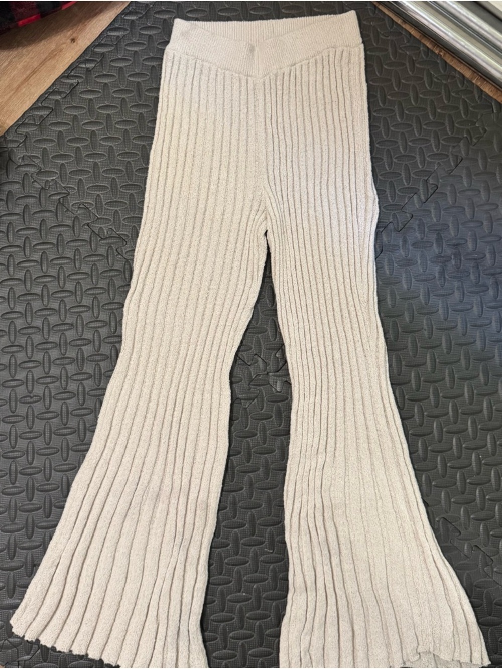 H&M Ribbed Knit Flared Pants in Cream